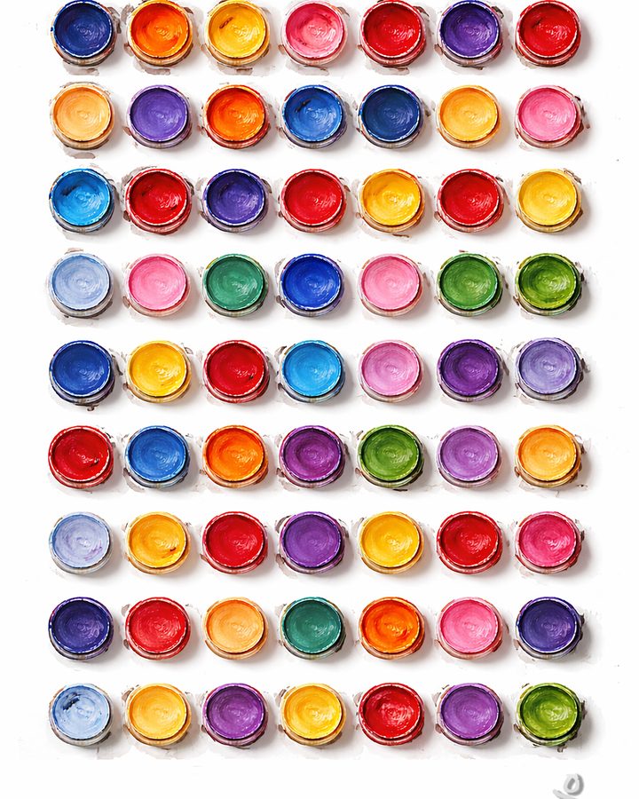 Paint Vessels: a full grid of open paint cups in bright colors, seen from above