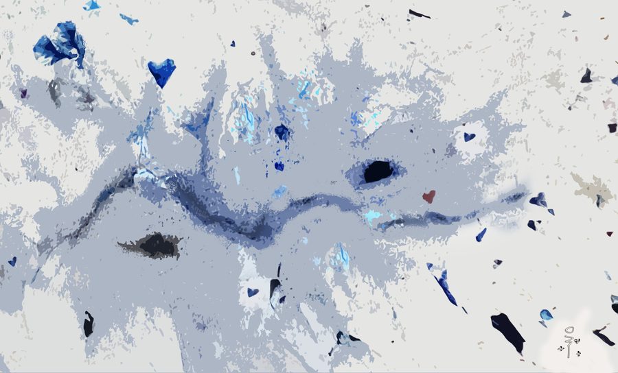 Shattered Hearts: a pale blue-grey abstract of cracks and fissures, scattered with small blue and red heart shards
