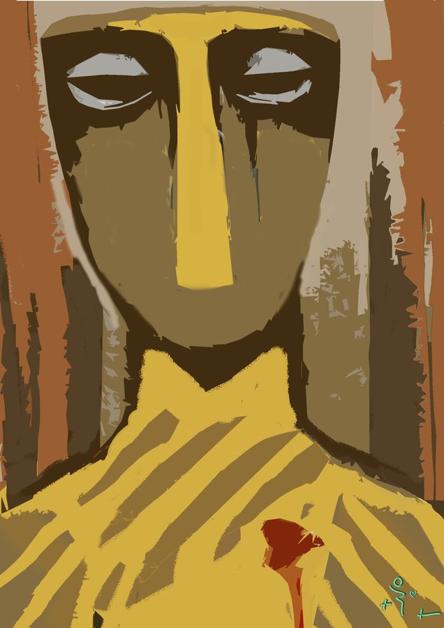 The Warrior: a long, mask-like face with closed eyes in umber, ochre and yellow, with a red flower at the chest