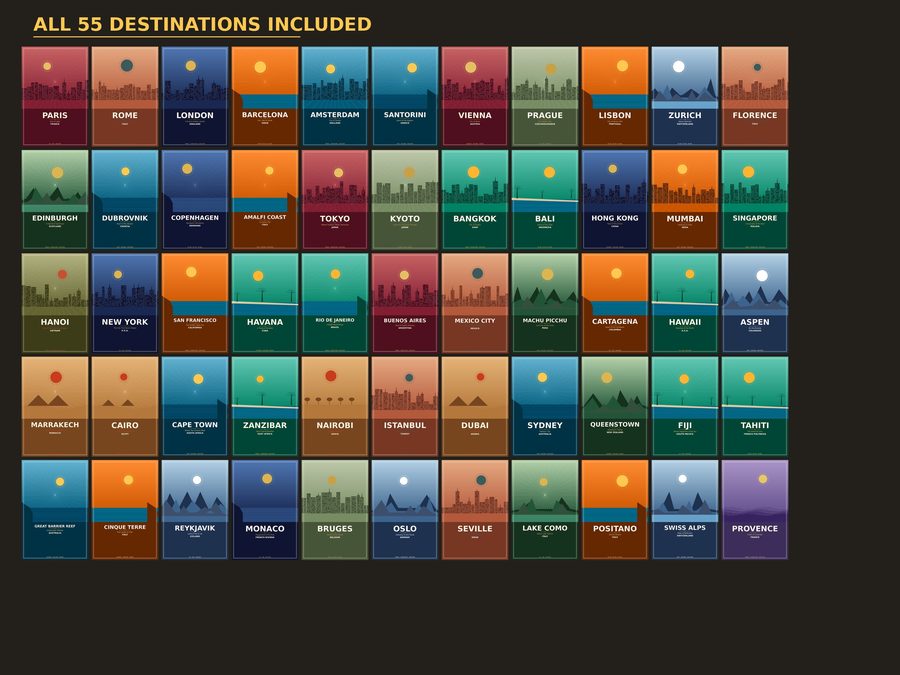 Vintage Travel Posters: the full set of 55 destination posters laid out in a grid