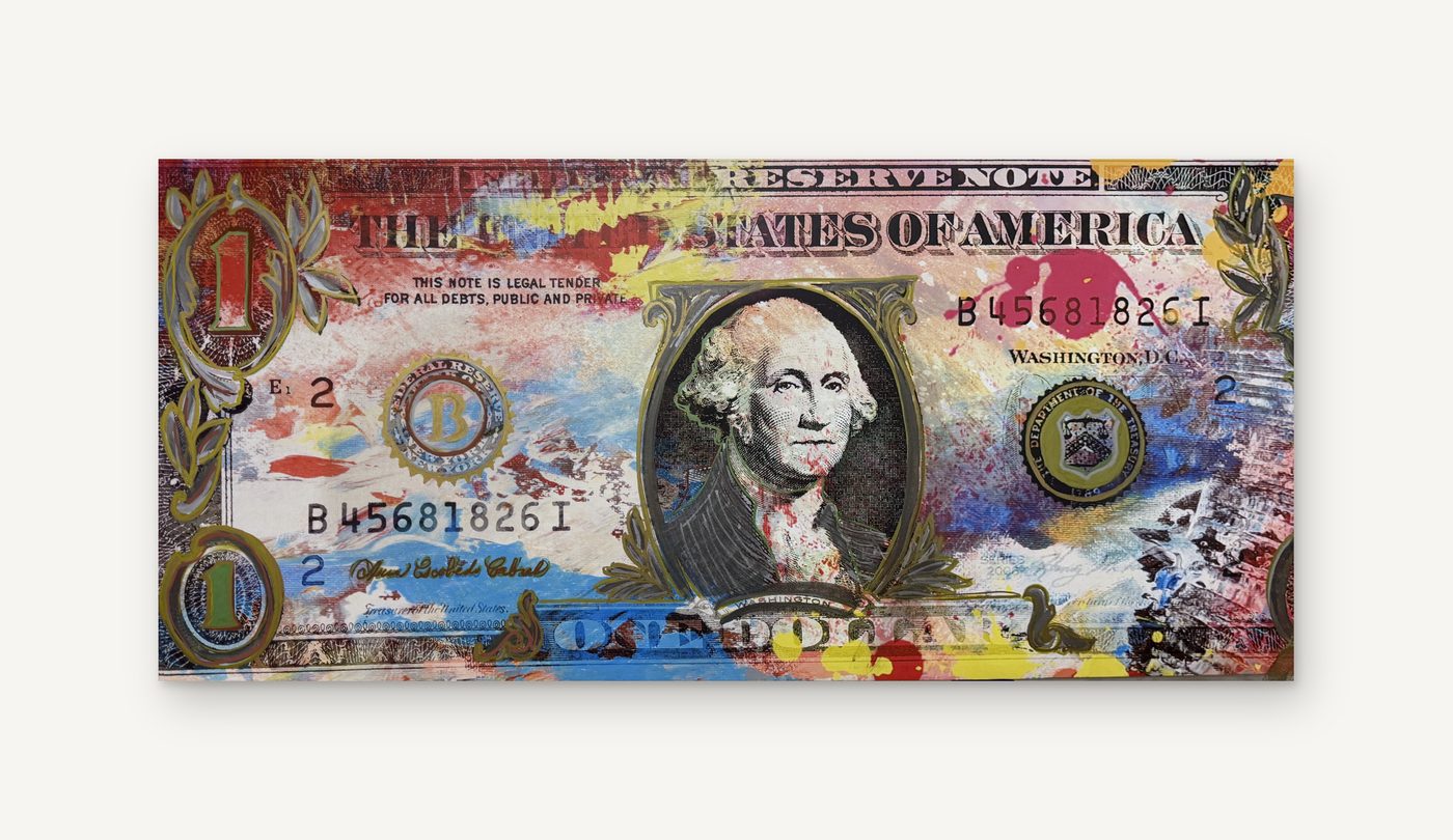 Dollar, Reworked: a long horizontal dollar-bill print covered in colorful painted and metallic embellishment
