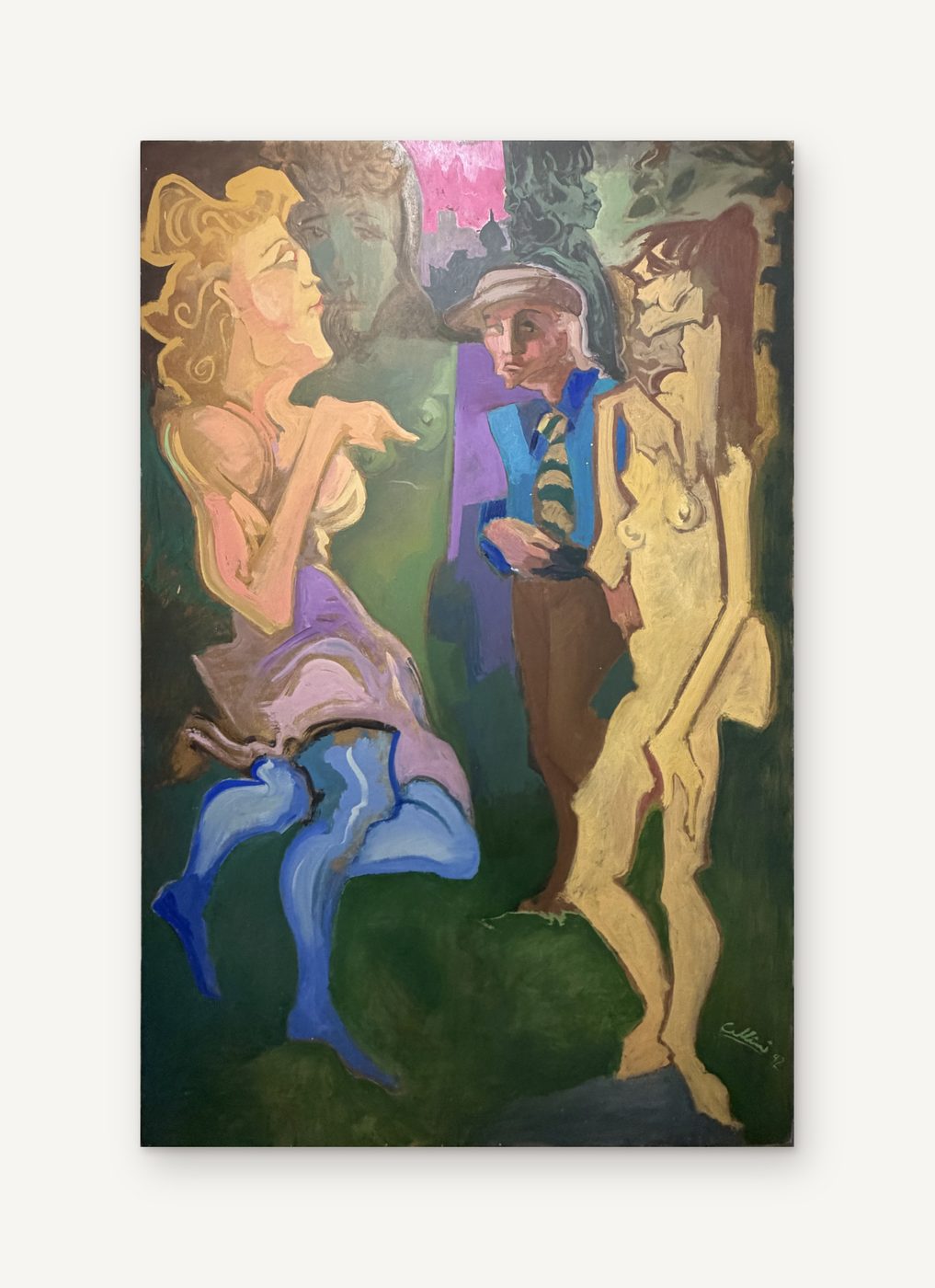 Cellini, Figures: a tall painting of stylized figures, a woman in lilac and a nude couple, against a green landscape
