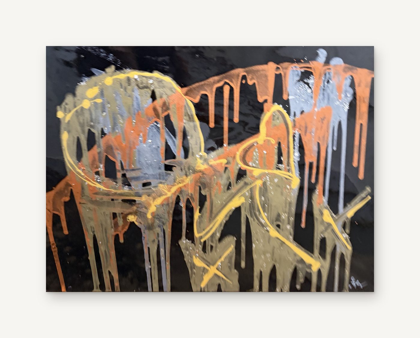 Firma II: a gold and orange signature with long drips over a black ground, sealed in glossy epoxy