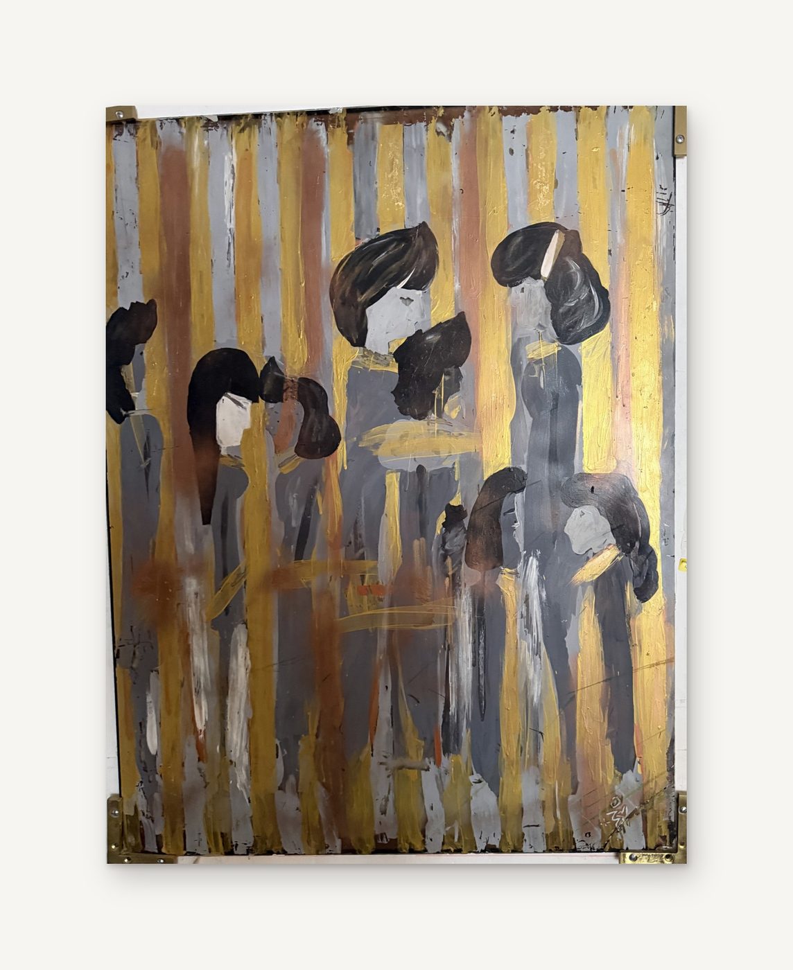 Ladies Who Lunch: stylized gray and black women's figures painted on glass over gold vertical stripes