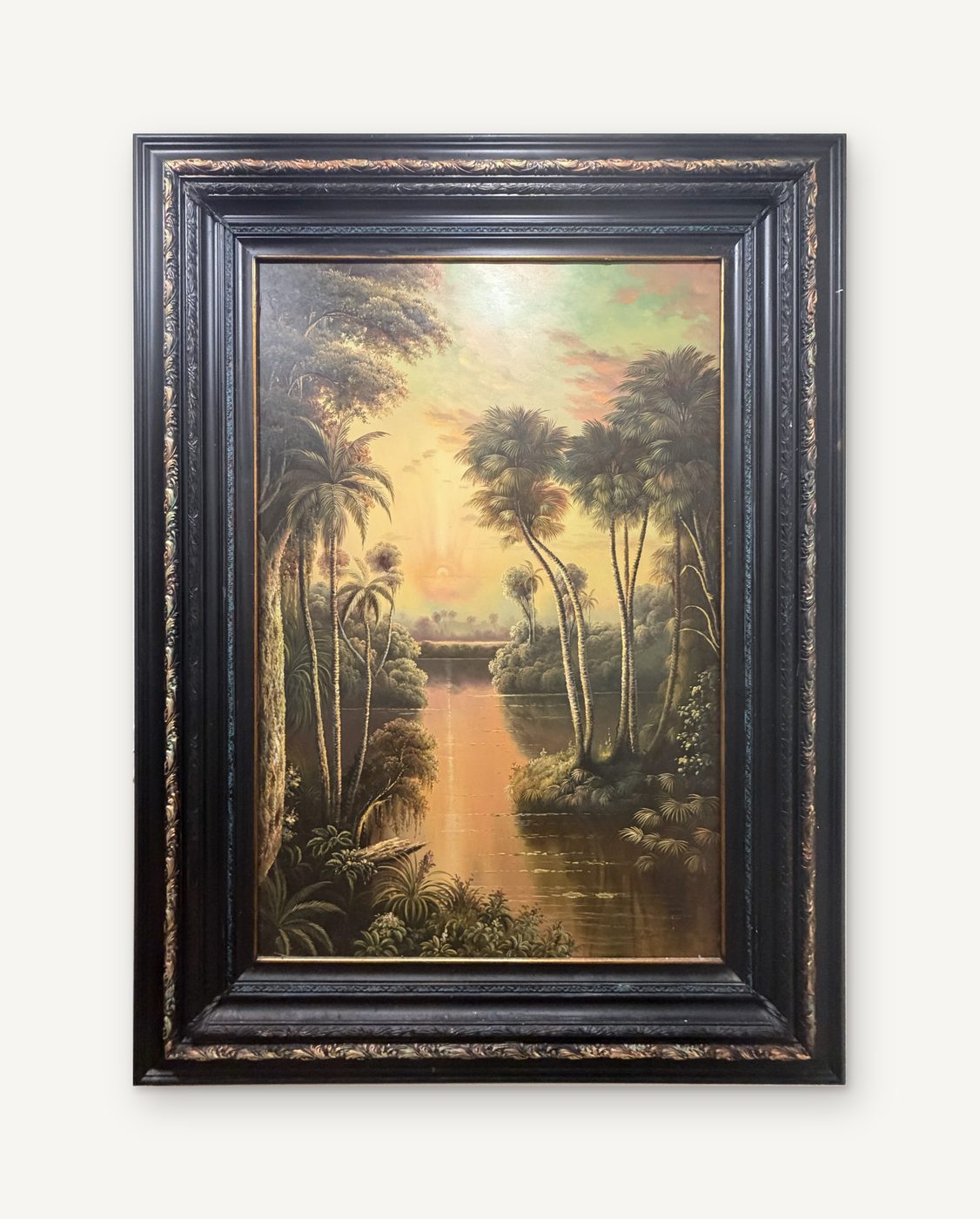 Vitaly, Landscape: a tall oil painting of palms at sunset reflected in a river, in a deep dark frame