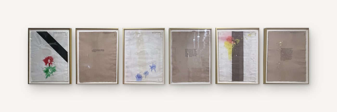 Richard Tuttle, Plastic History: six framed works in a row, pale grounds with small marks and disc elements