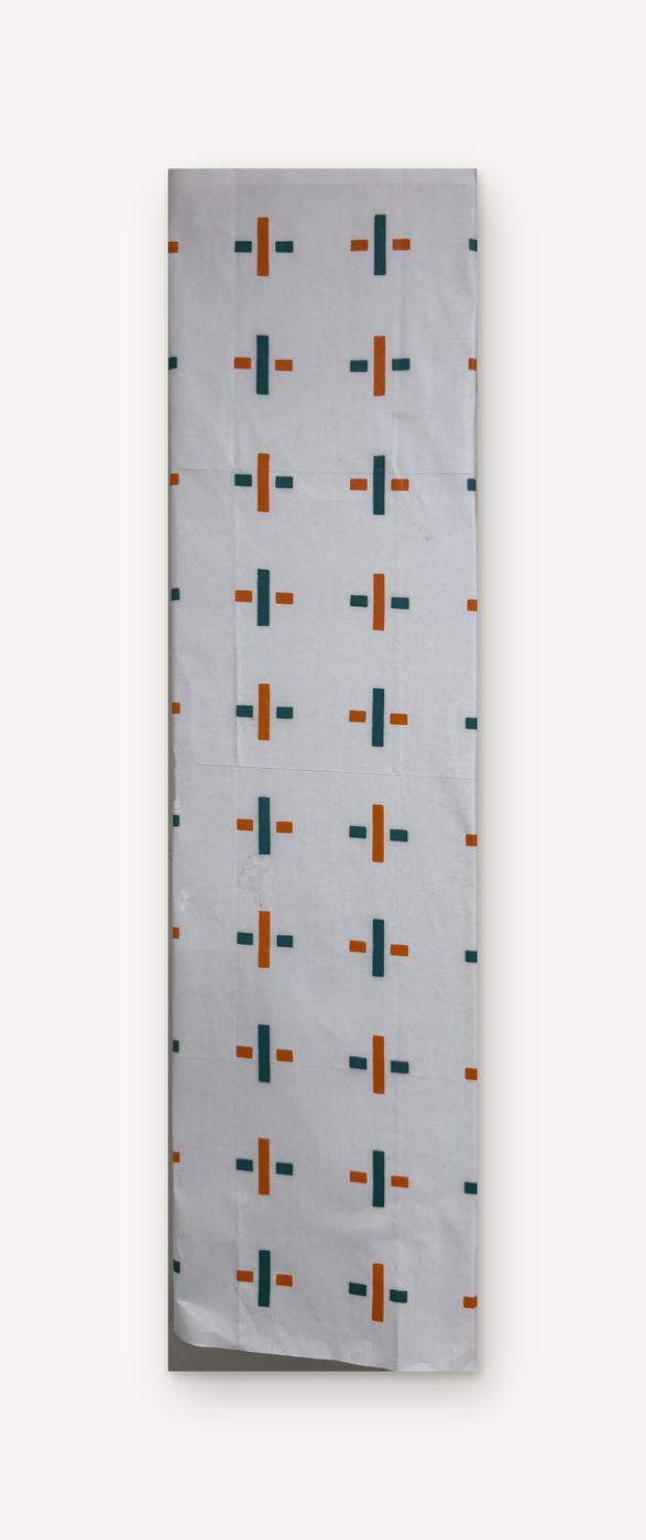 Richard Tuttle exhibition invitation mounted as a tall narrow panel, a column of small red, green and black marks on white
