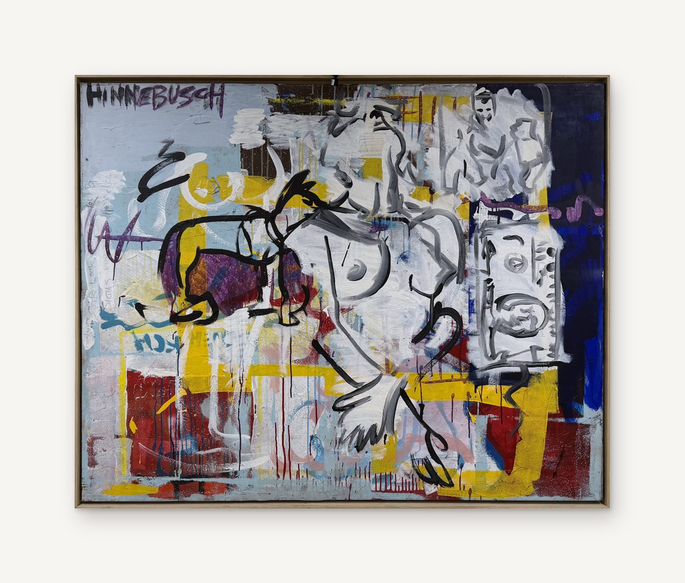 David Hinnebusch, untitled early work: a graffiti-style abstract of black line drawing over yellow, red and blue blocks, signed at top left