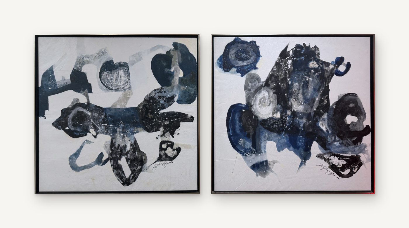 Kika Garcés, two square abstract canvases side by side, blue and black gestural forms on white