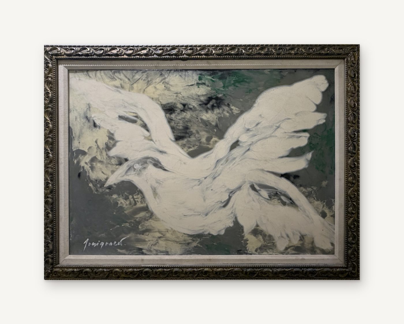 Ignacio Sanchez, untitled: a white winged form in poured epoxy on a gray-green ground, in a gold frame