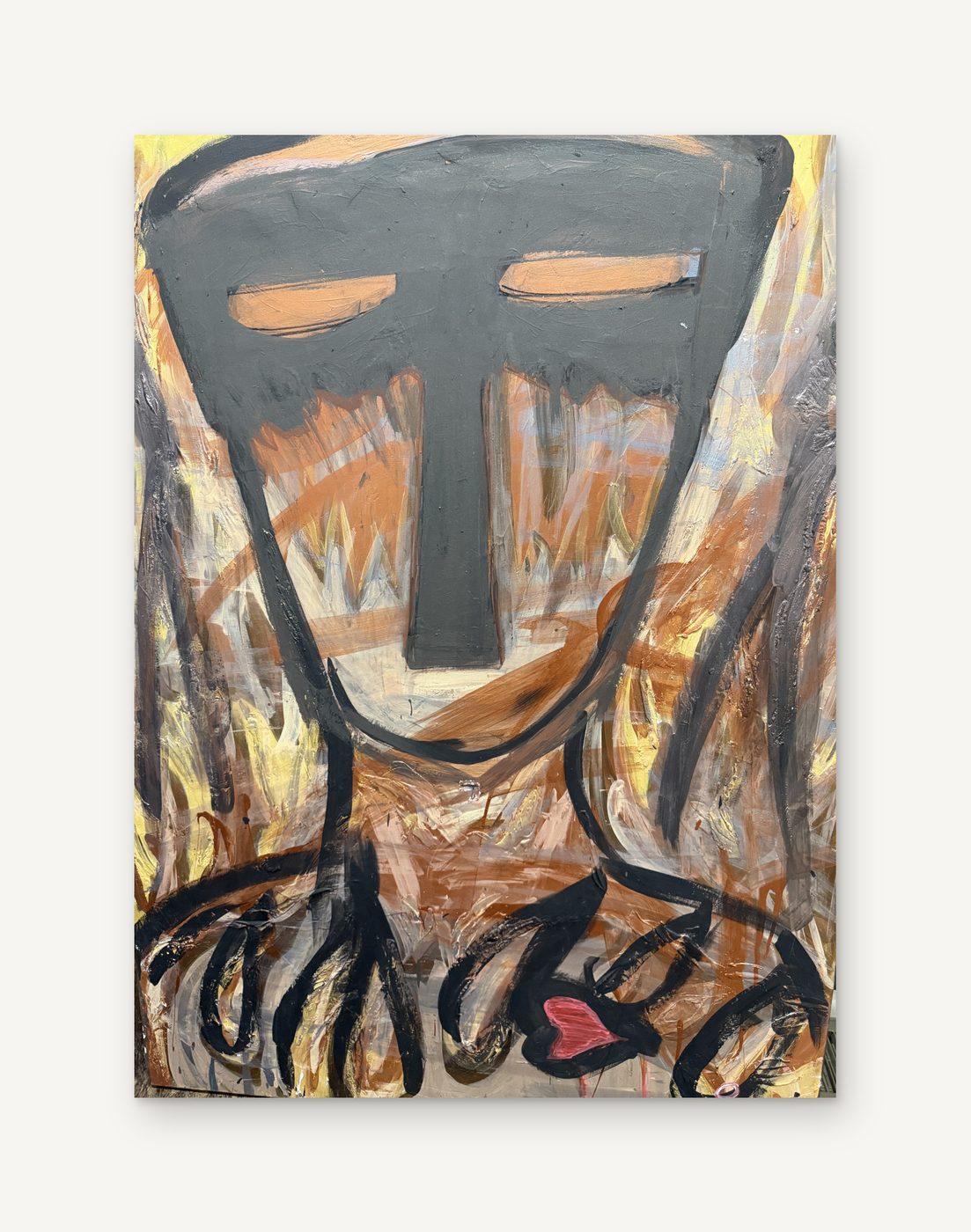 Warrior on canvas: a tall painting of a long mask-like face in gray and black over fiery orange and ochre strokes, with a small red heart
